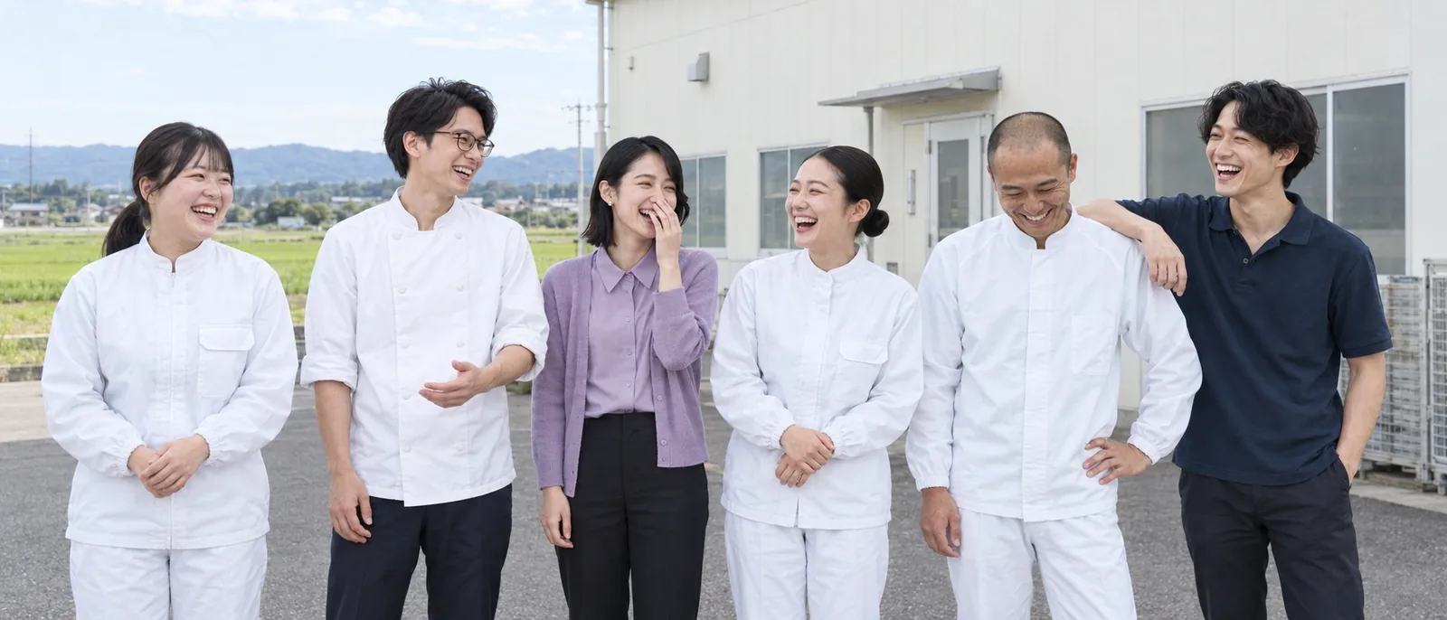 工場の前で並んで笑い合う6人の社員