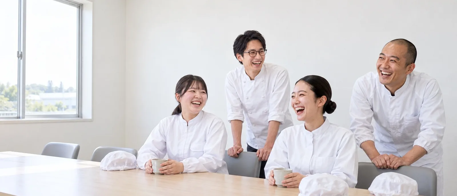 休憩室で湯のみを手に笑い合う4人の社員