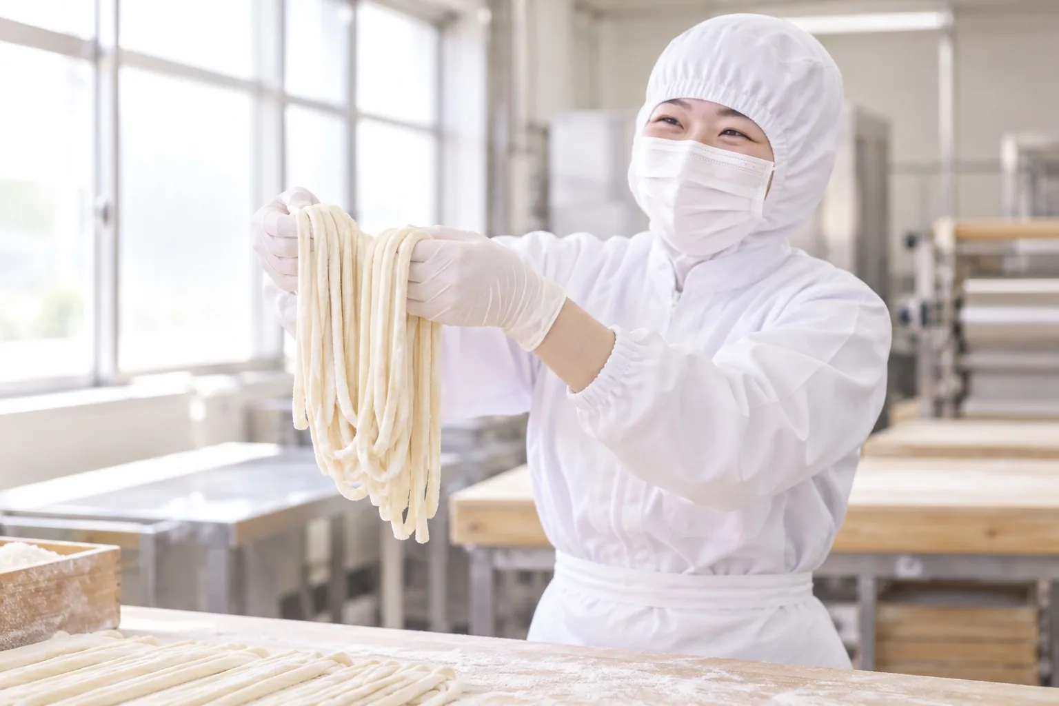 打ち場で切りたてのうどんを持ち上げて見せる社員