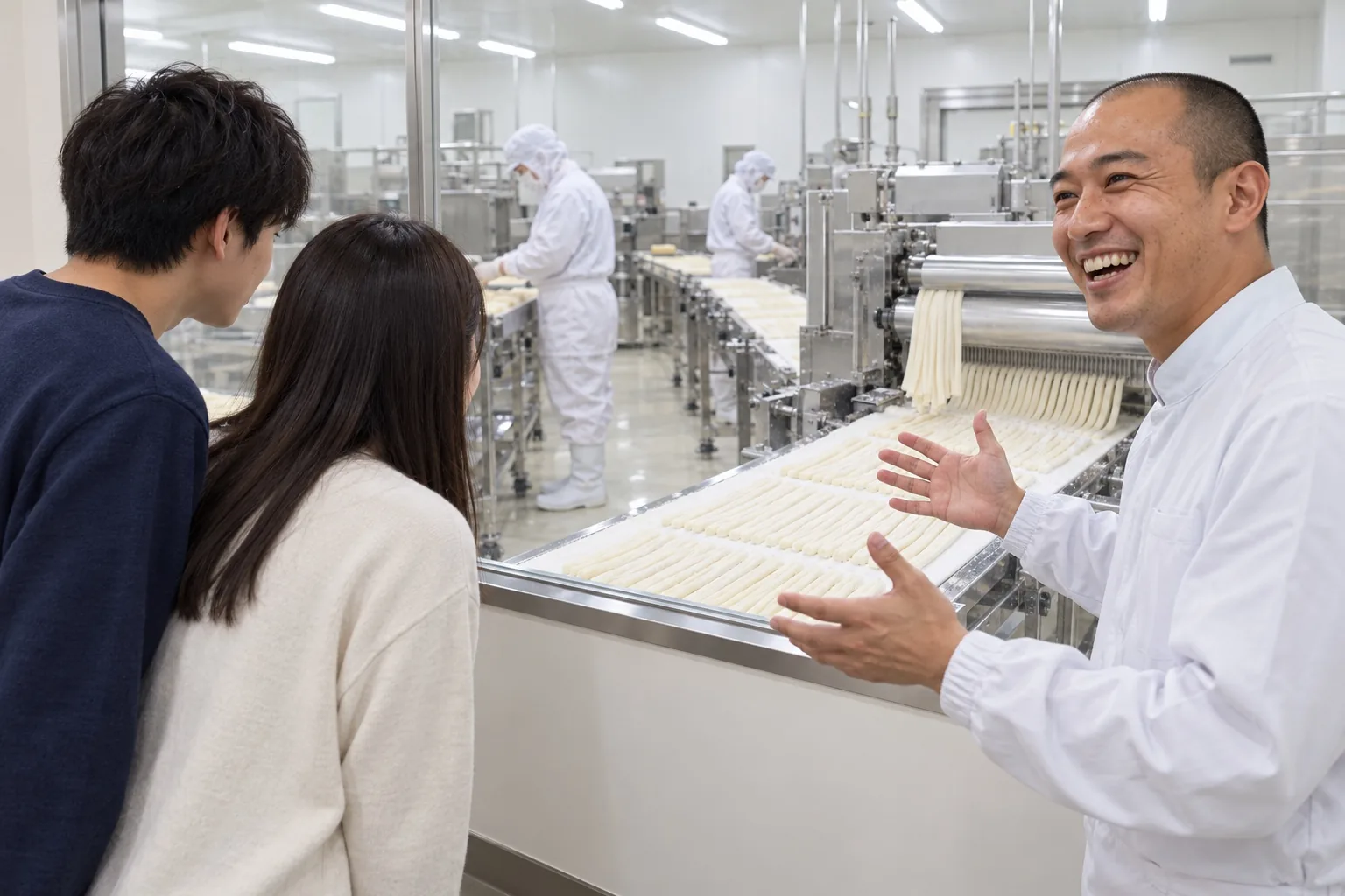 製麺ラインの前で見学者に説明する製造課長