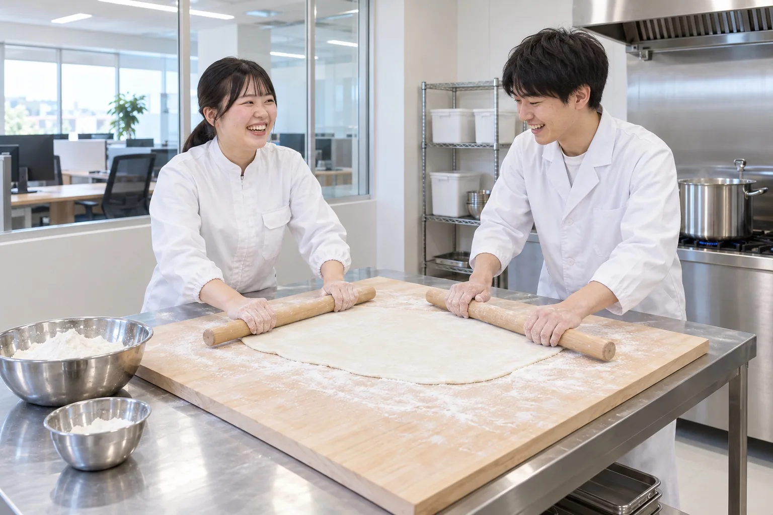 見学の学生と製造の社員が一緒に生地をのばす