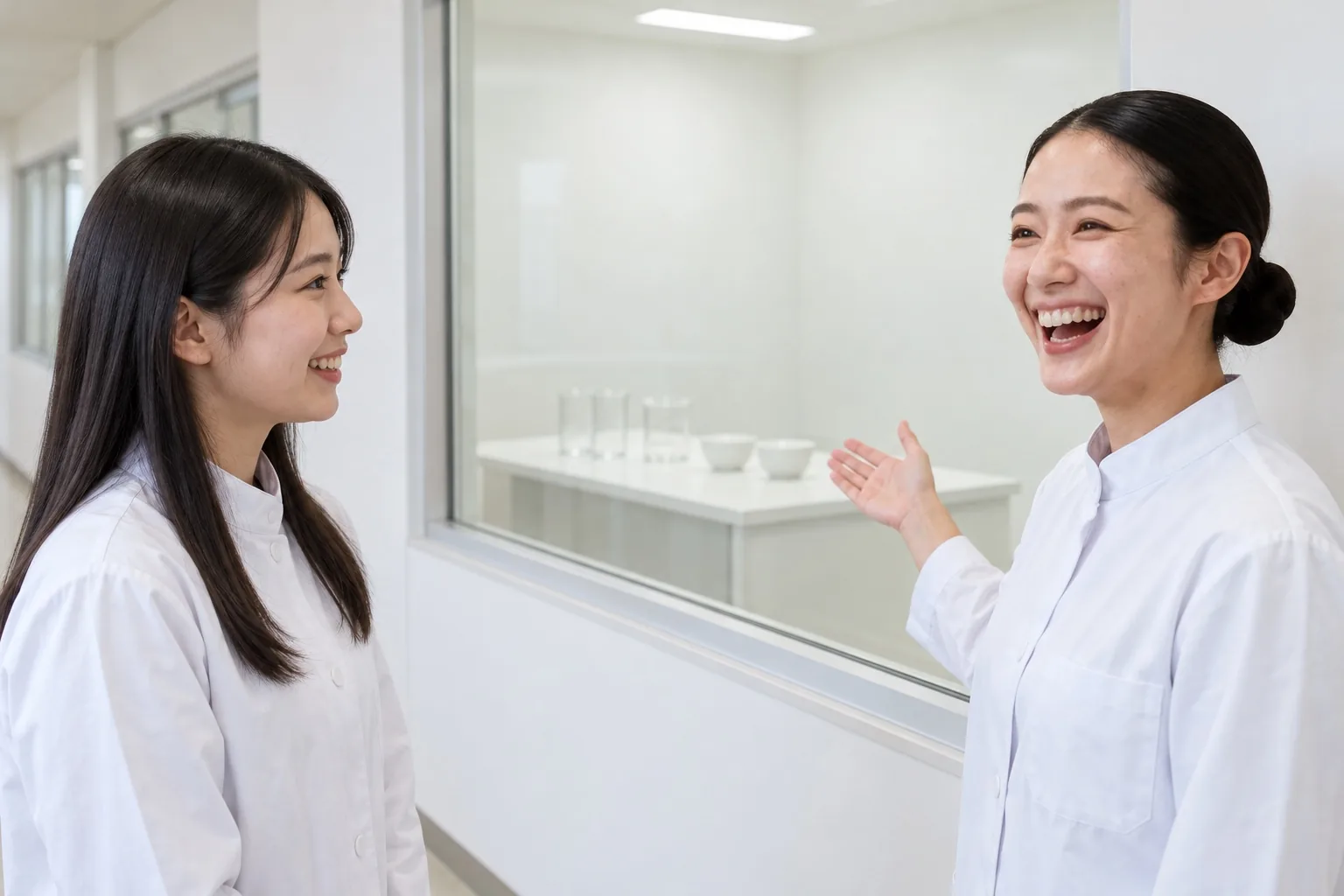 検査室の前で品質管理の社員の説明を聞く見学の学生