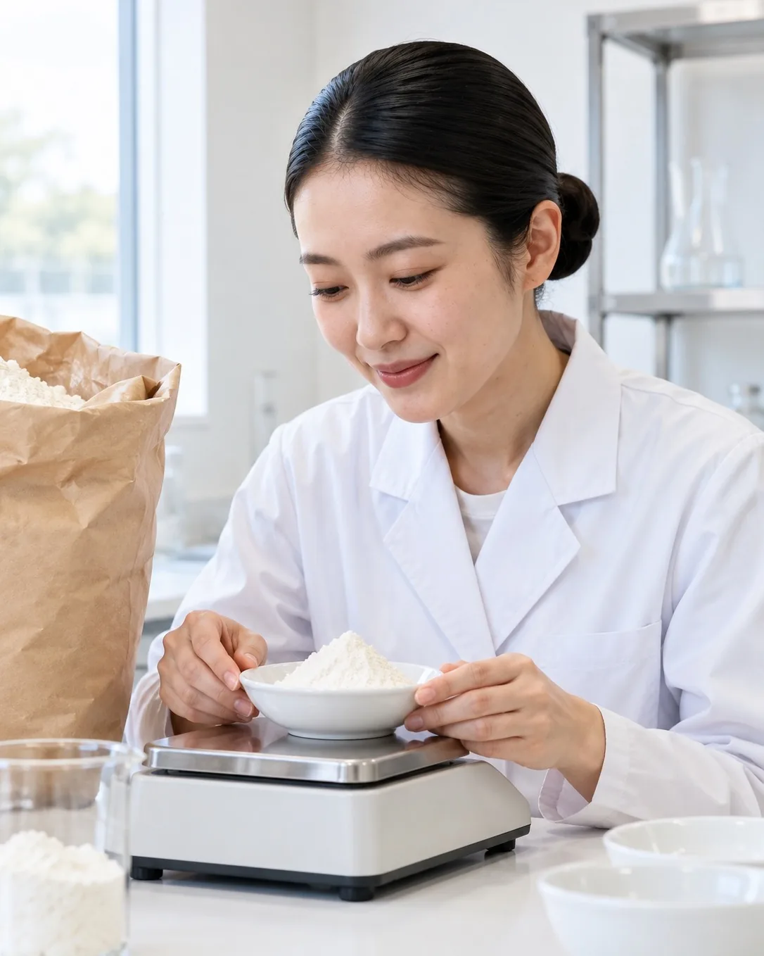 小麦粉を量る品質管理の社員
