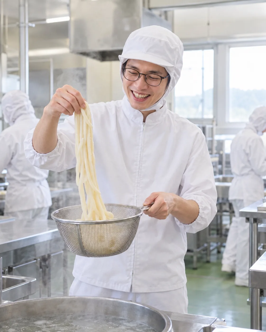 試作室でゆでた麺をざるで持ち上げる商品開発の社員