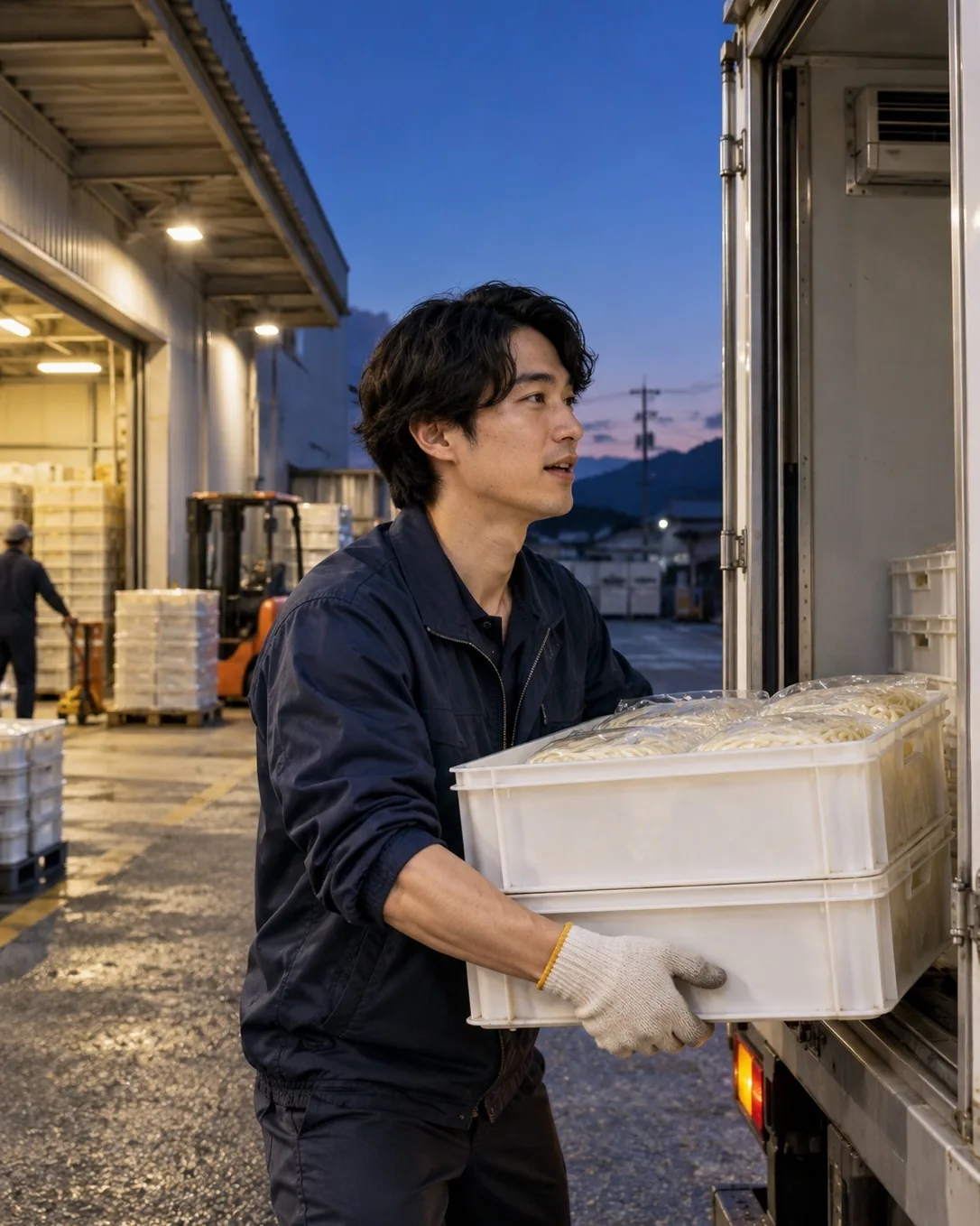 トラックに麺のケースを積む物流の社員