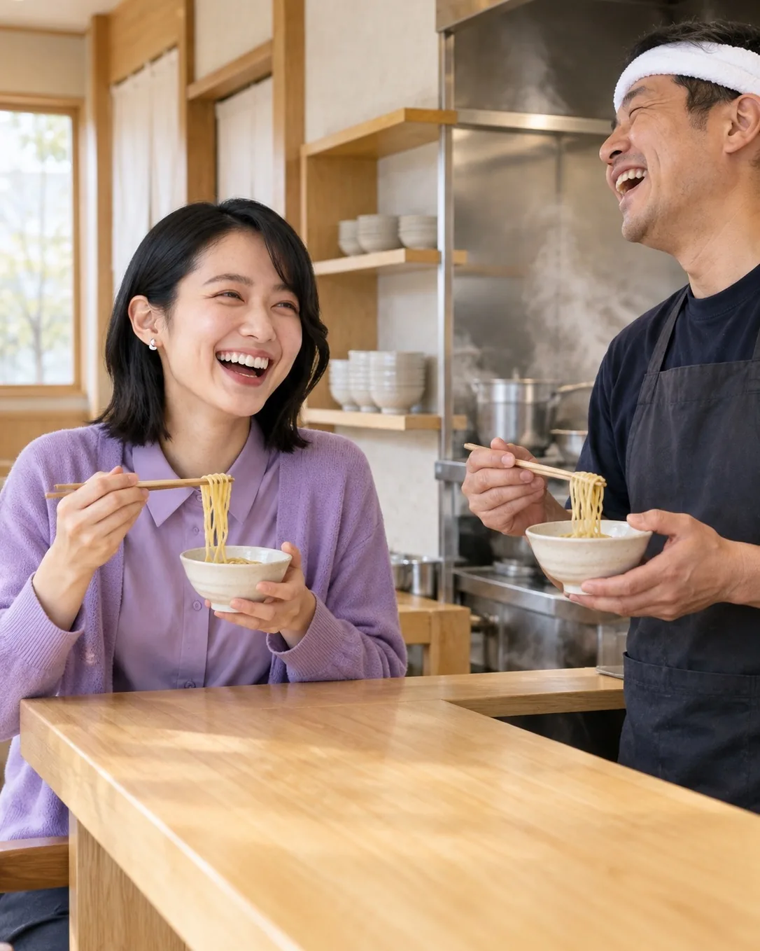 ラーメン店で店主と新しい麺を試食する営業の社員