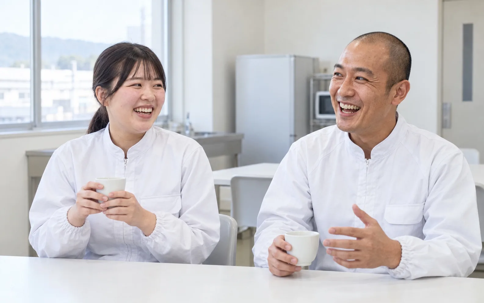 休憩室で湯のみを手に話す製造課長と製造の社員