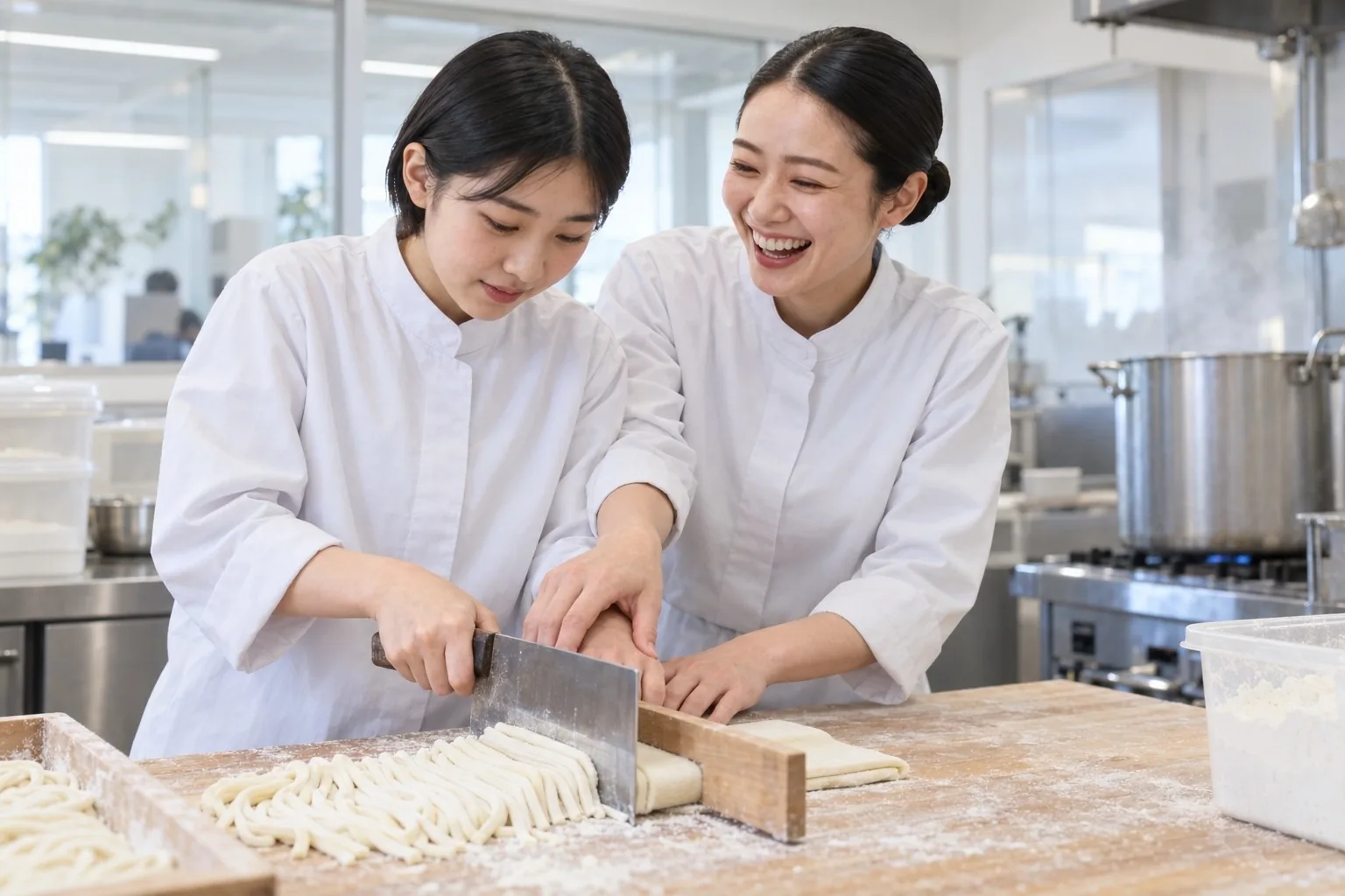 新人に麺の切り方を教える先輩