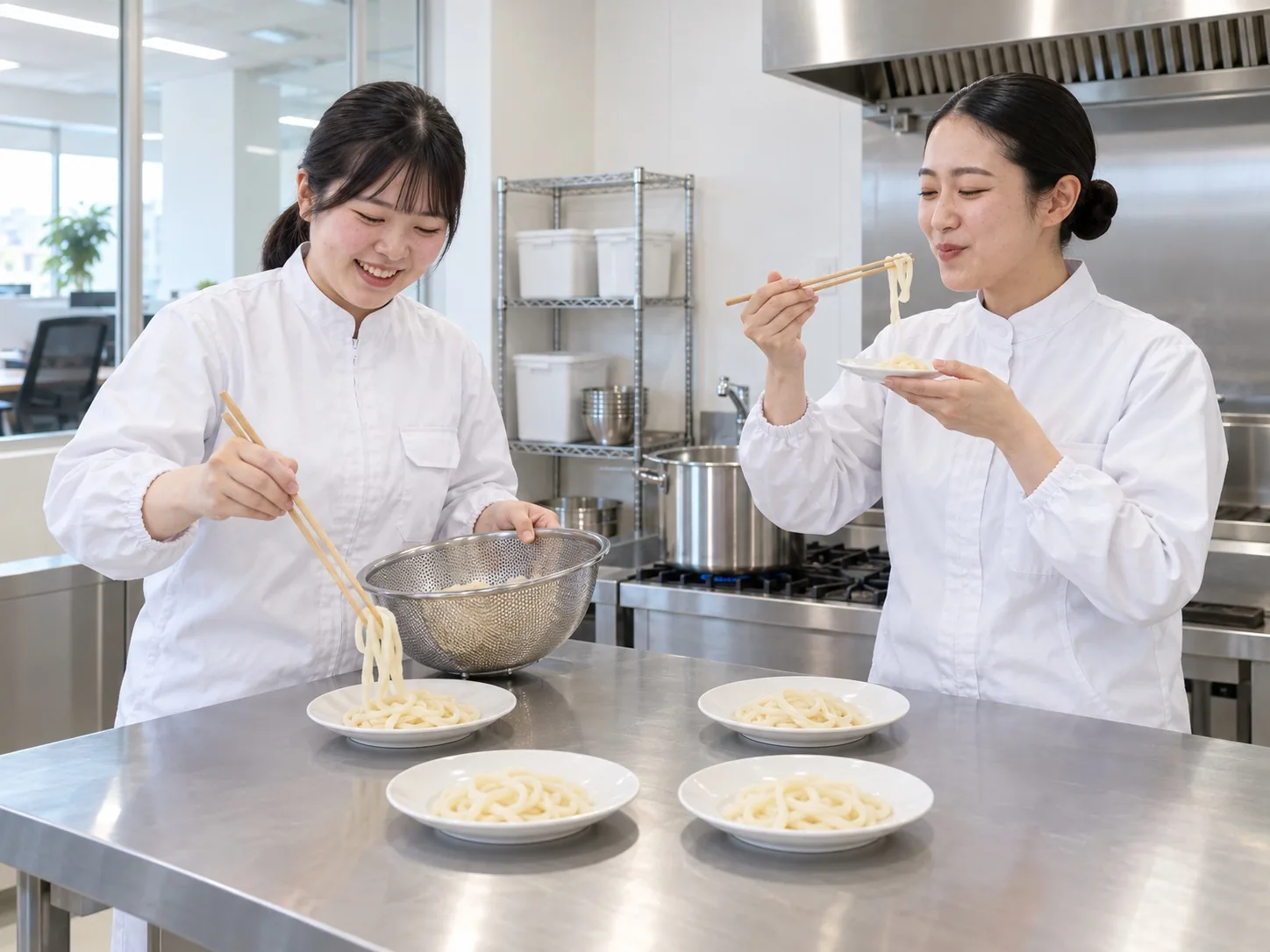 試作室でゆでた麺を食べくらべる2人