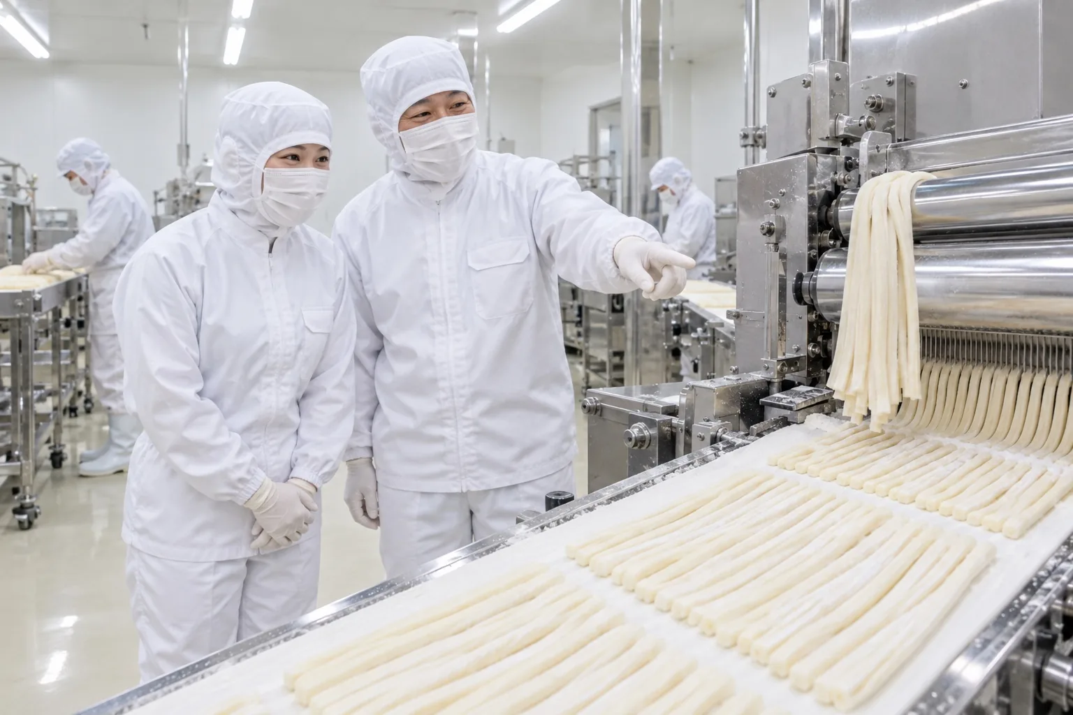 製造ラインの前に並んで麺を見る製造課長と製造の社員