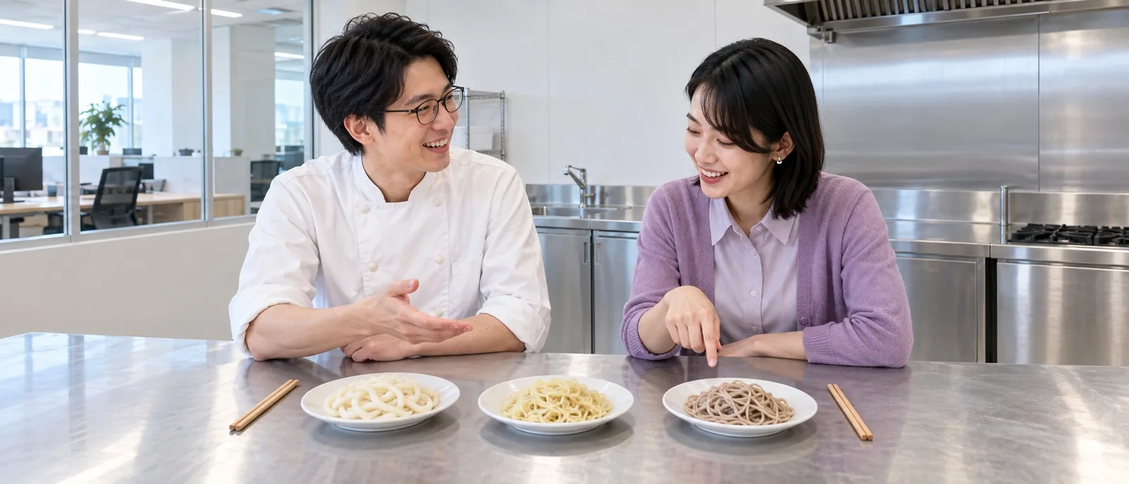 試作室で麺の小皿を前に話す2人