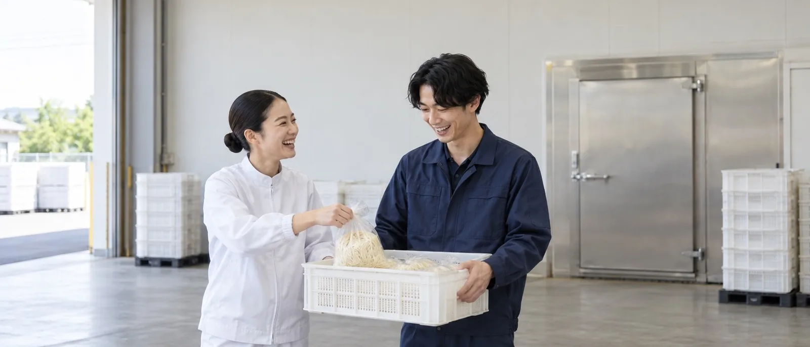 出荷場の冷蔵庫の前で麺のケースを手に話す品質管理と物流の社員