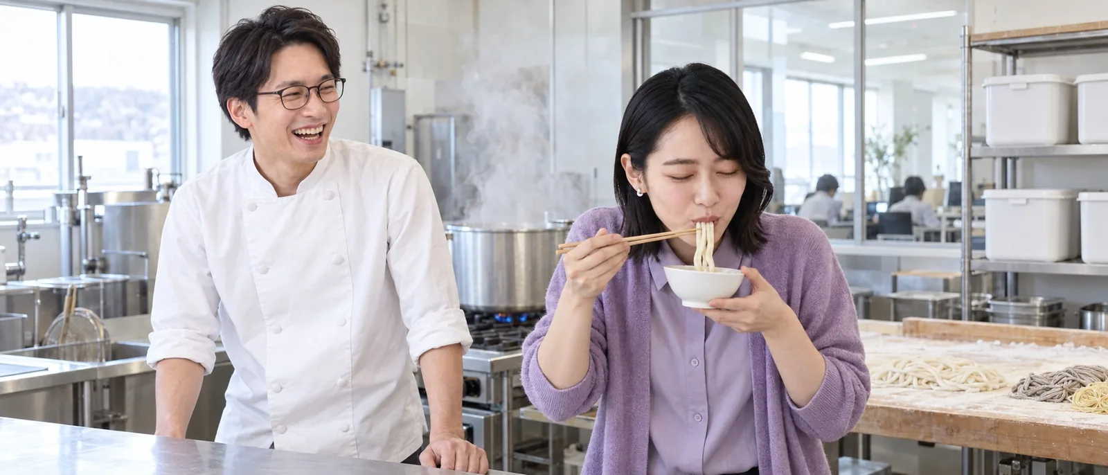試作室で麺を味見する営業の社員と、それを見て笑う商品開発の社員