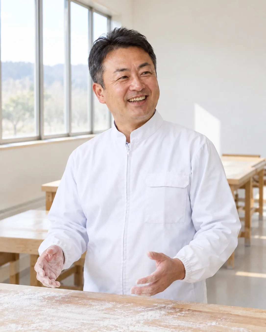 打ち場の台の前で話す代表 仁科
