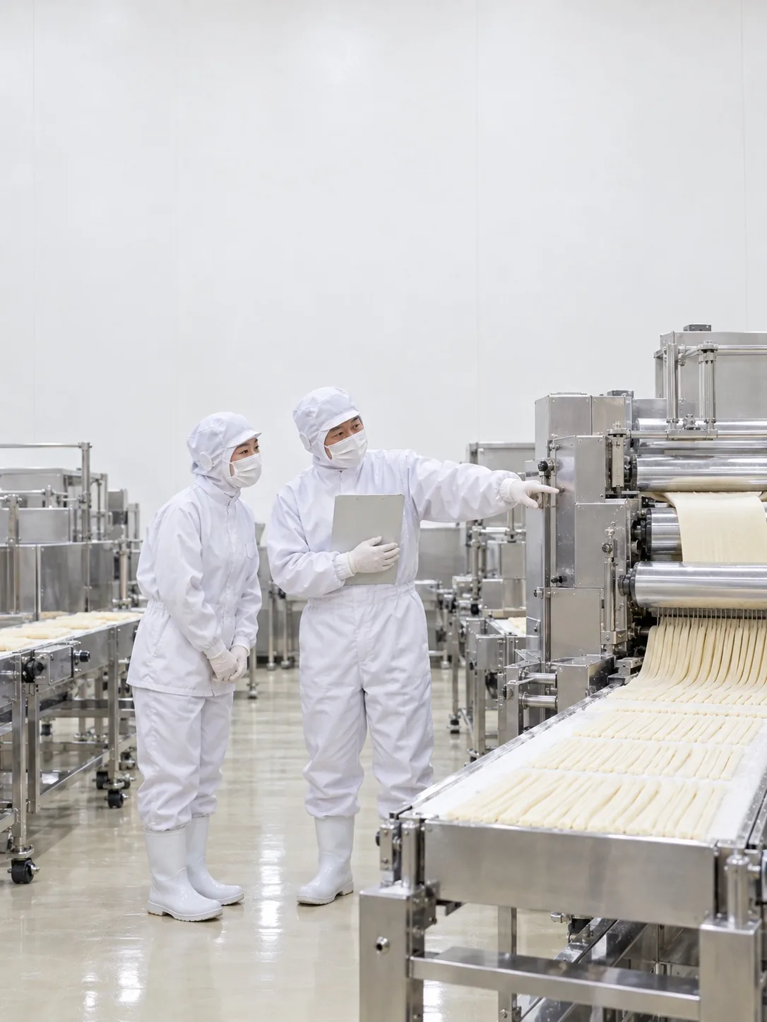 製麺ラインの横で手順を教える製造課長と製造の社員