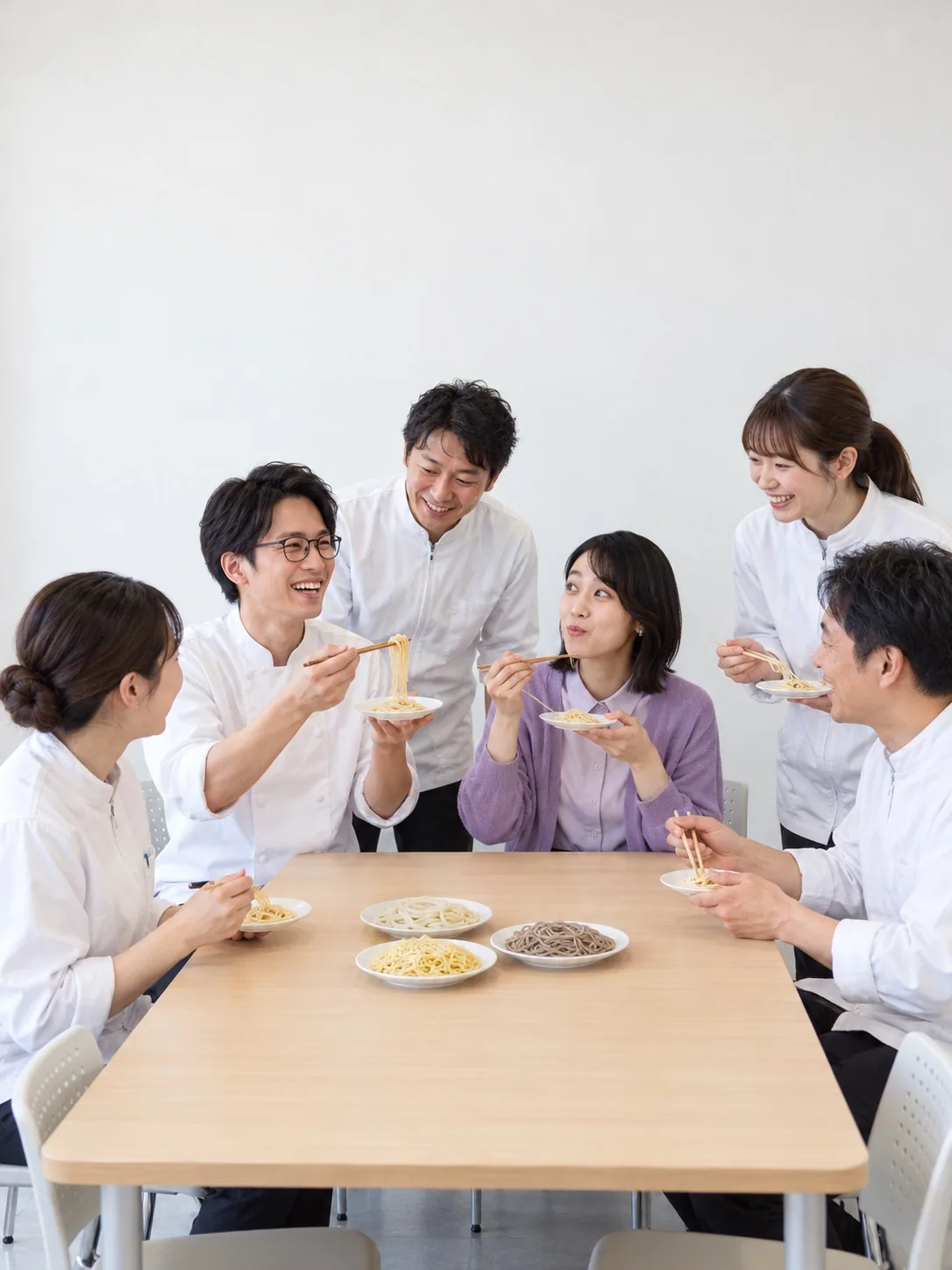 部署をまぜた試食会で麺を味見する社員たち