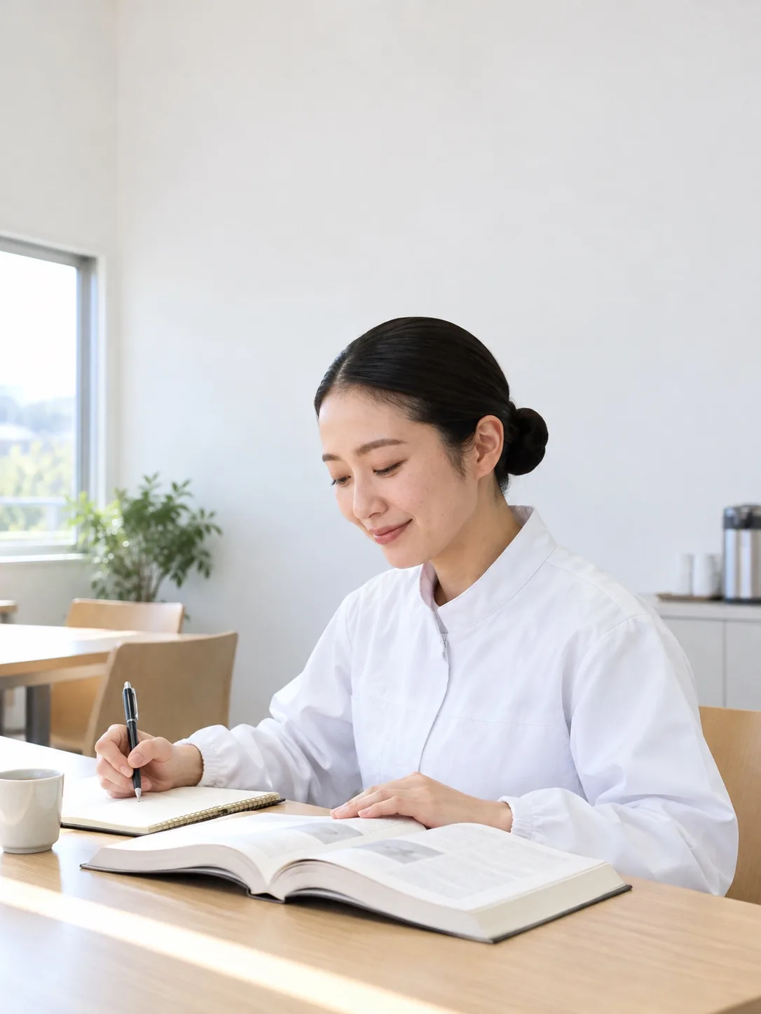 休憩室で参考書を開いて勉強する社員