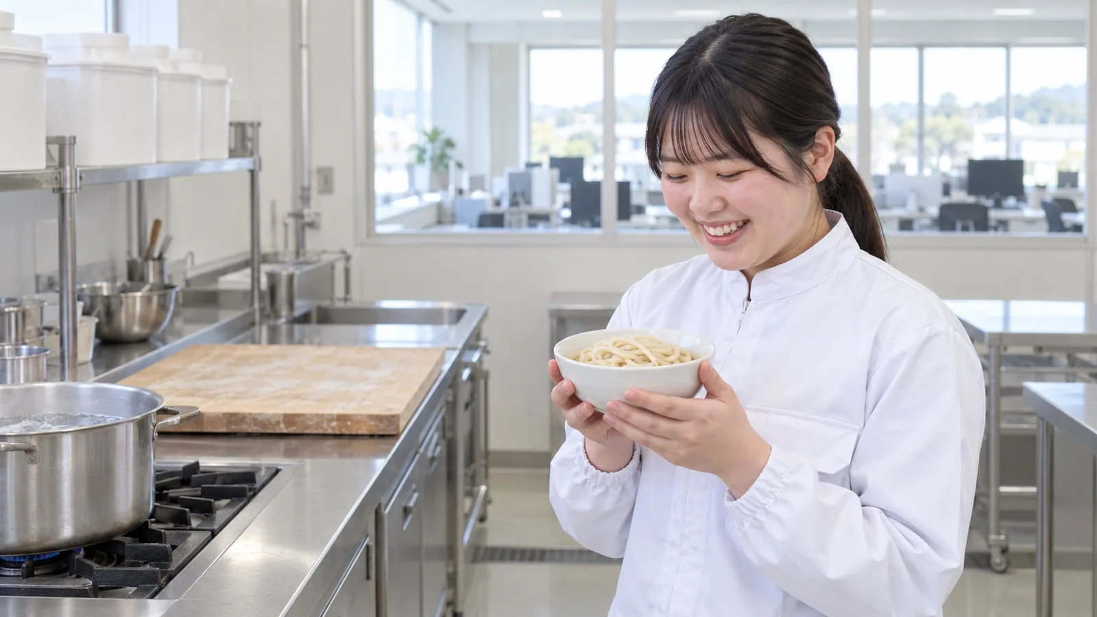 自分が企画した麺の試作品を手に笑う社員