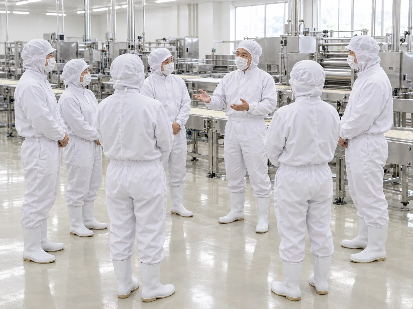 ライン前で輪になって話す製造チームの朝礼