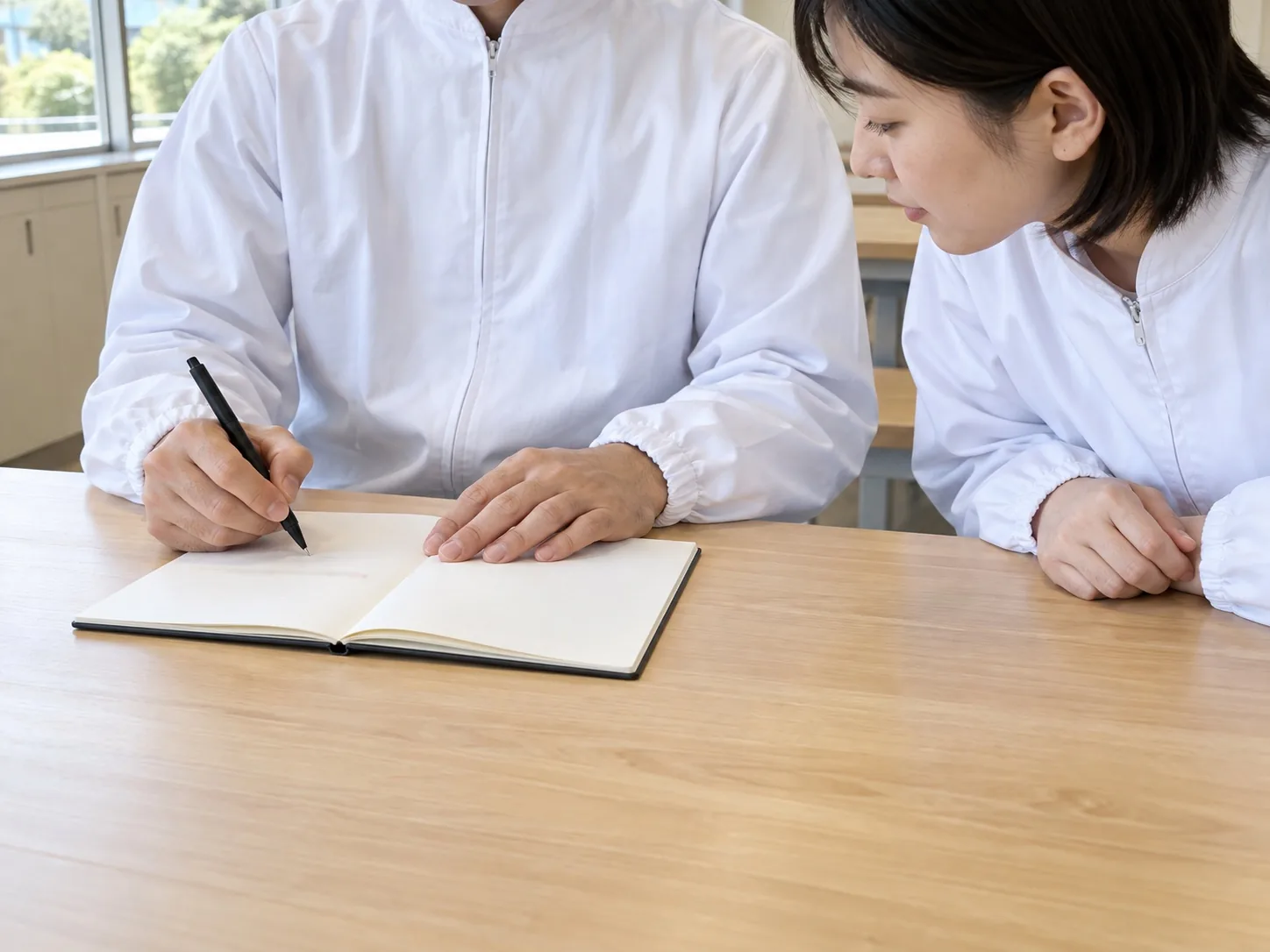 ノートにひと言を書き込む先輩の手元と、のぞきこむ後輩