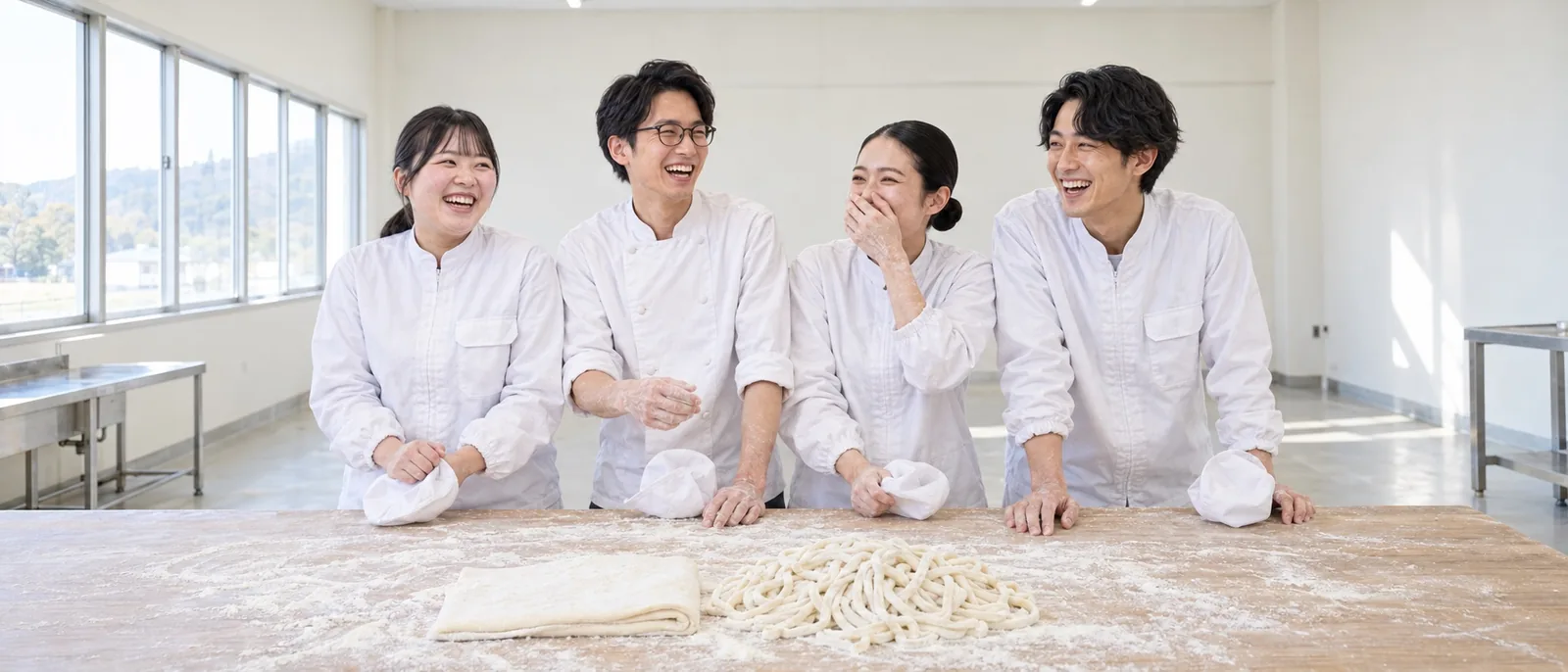 打ち場の作業台をかこんで笑う4人の社員