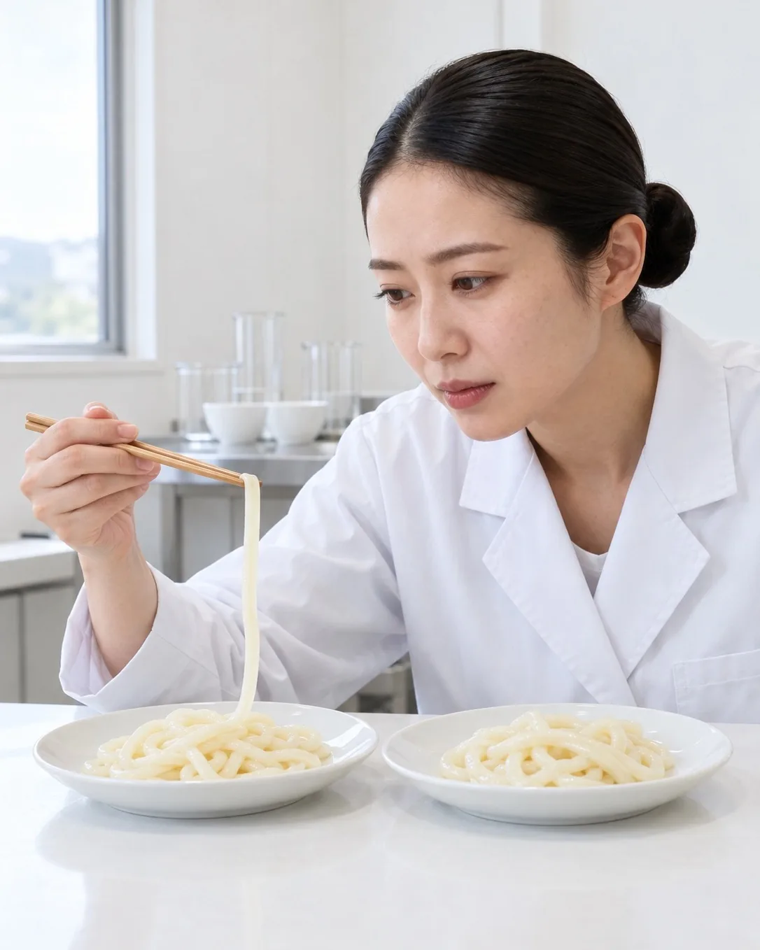 検査室で白い皿の麺を見くらべる品質管理の社員
