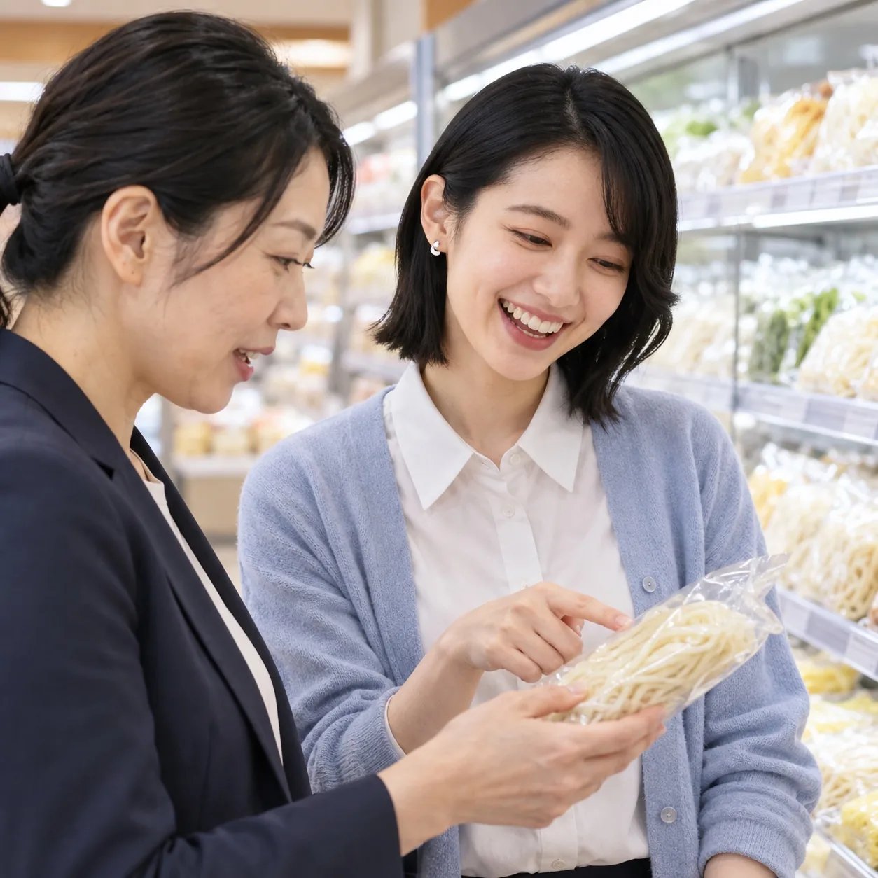 スーパーの麺売り場でバイヤーと話す営業の社員