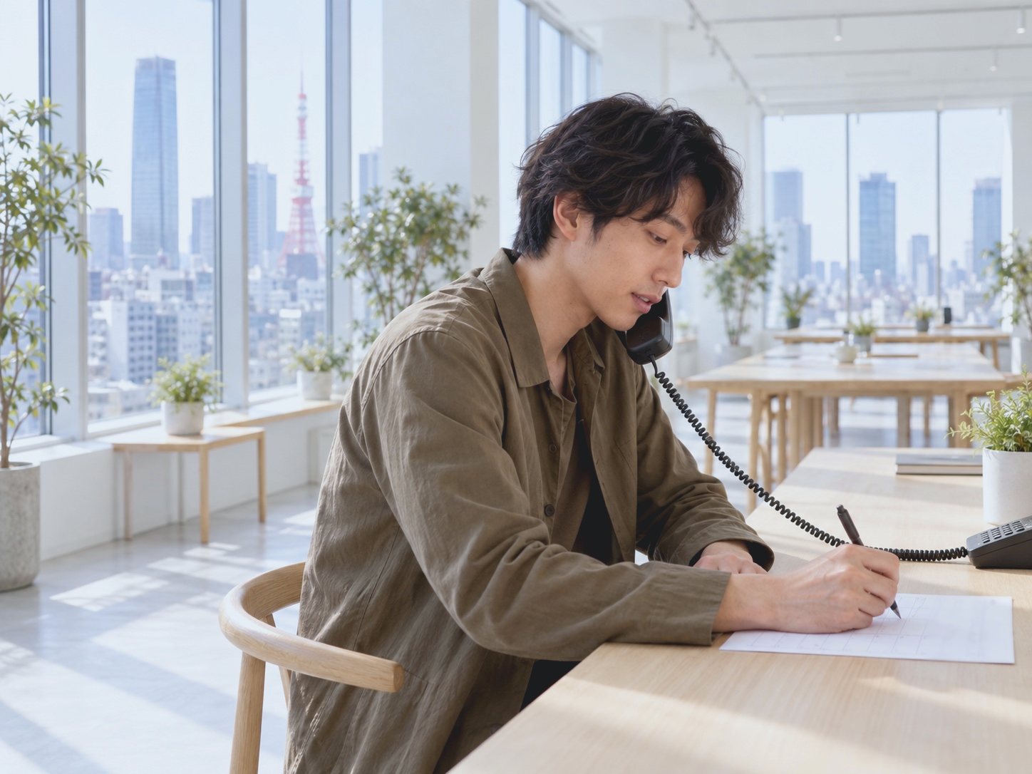 明るい事務所の窓ぎわの机で受話器を肩にはさみ、紙の予定表に書き込む営業