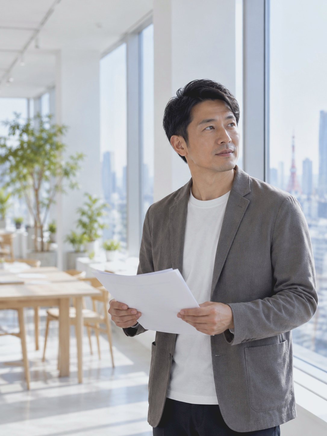 事務所の窓際で書類を手にする代表