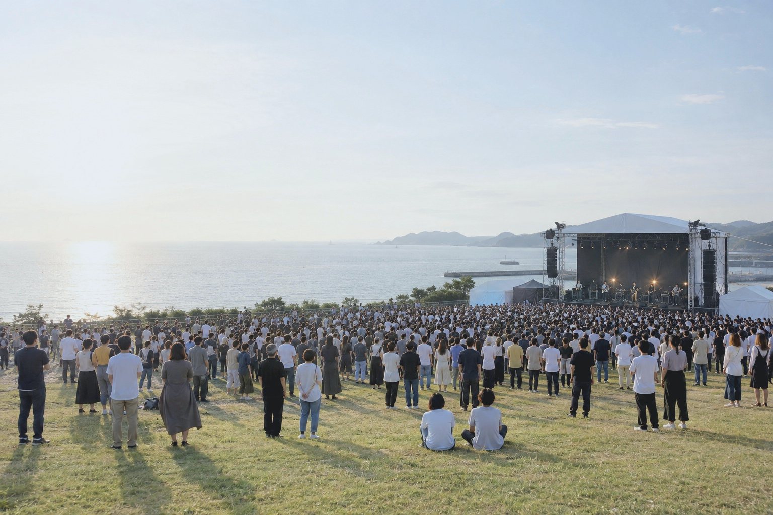 海辺の野外フェスを、ステージ横の高い位置から見下ろした客席