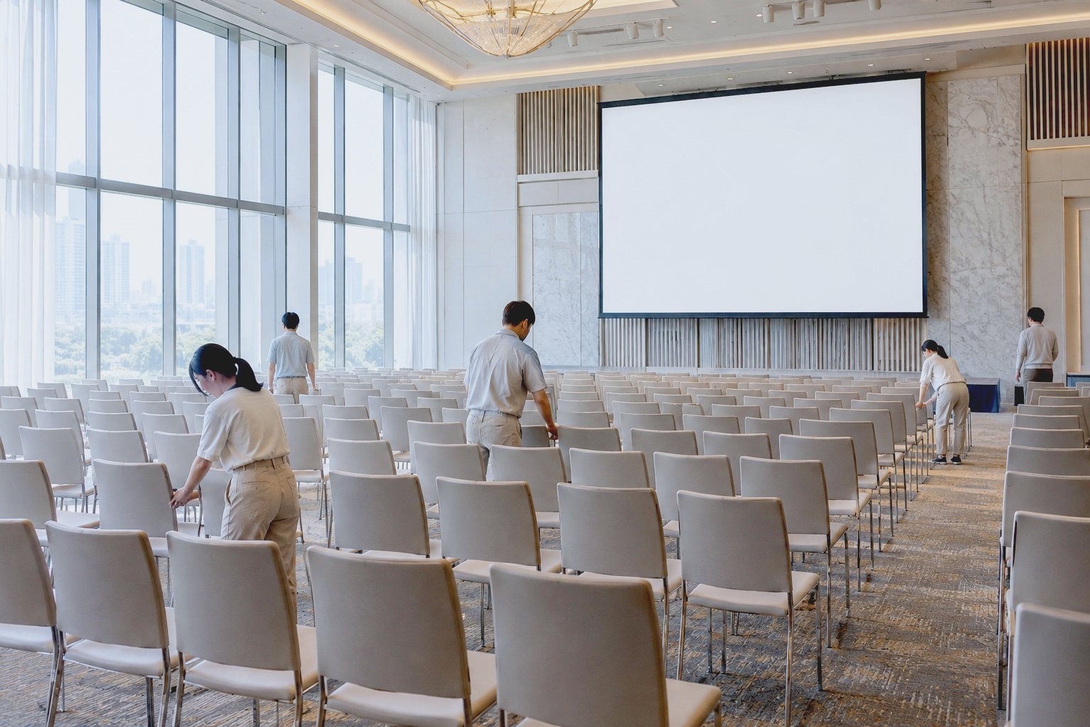 大きな白いスクリーンのあるホテルの宴会場