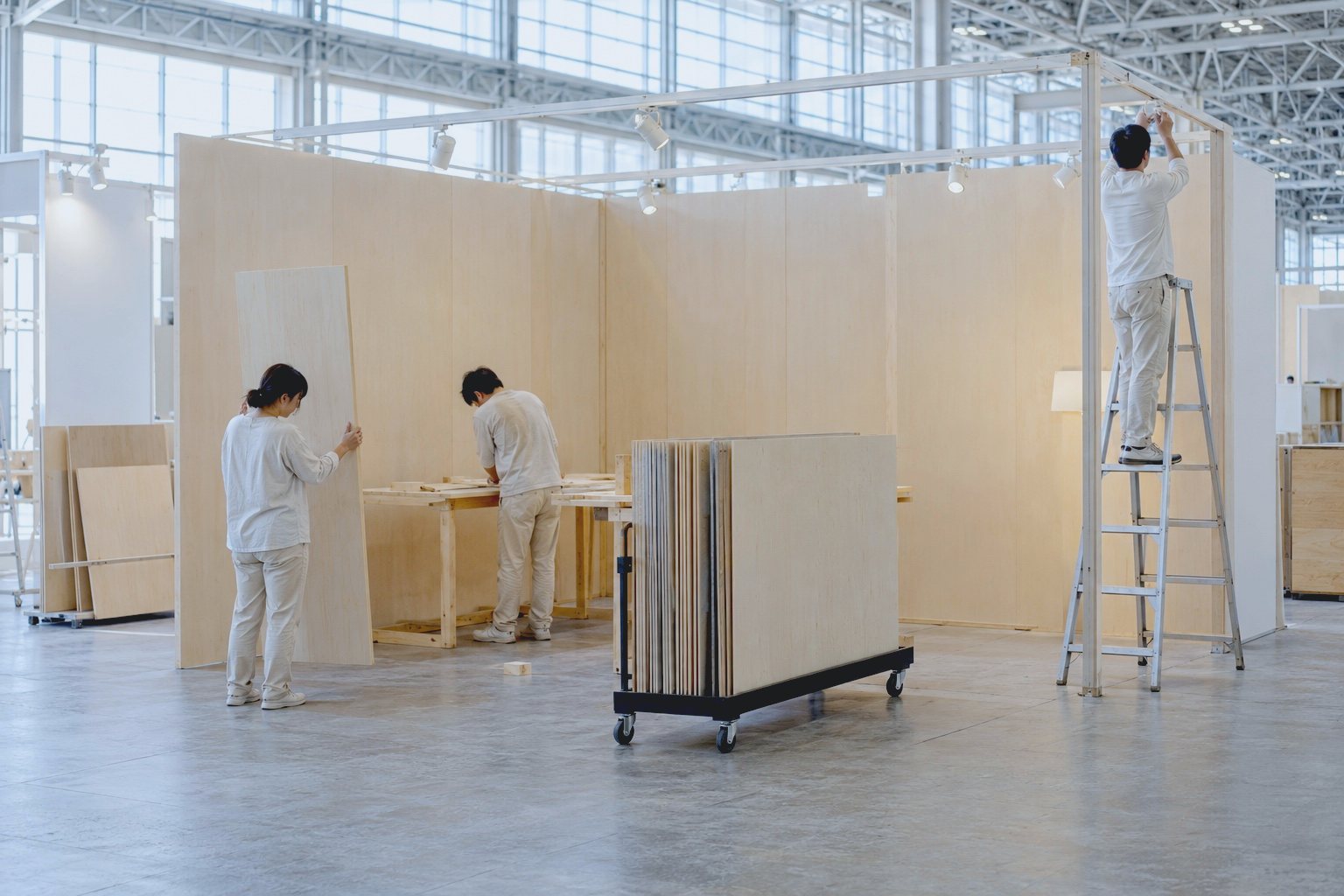 展示場でブースを組み立てるスタッフ
