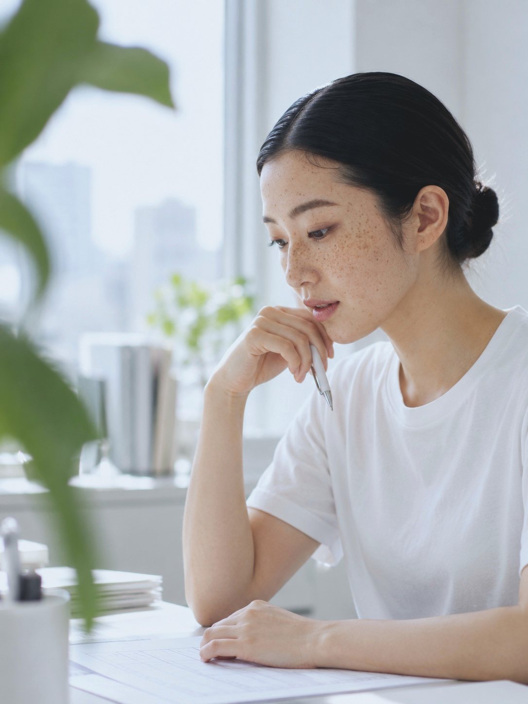 事務所の机で進行表をつくる A.M の横顔