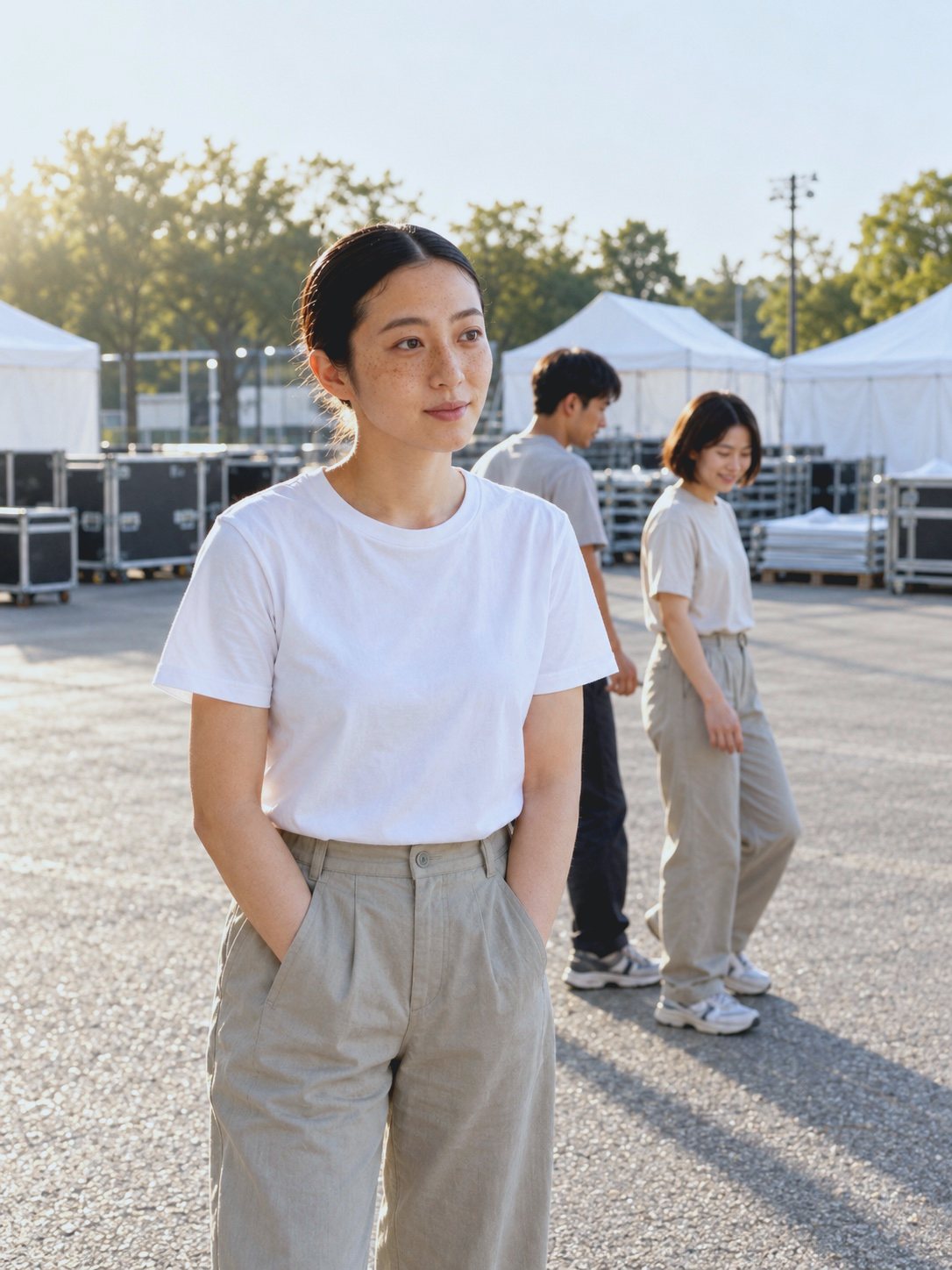 撤収を終えた夕方の会場で、歩いていく同僚のそばに立つ A.M