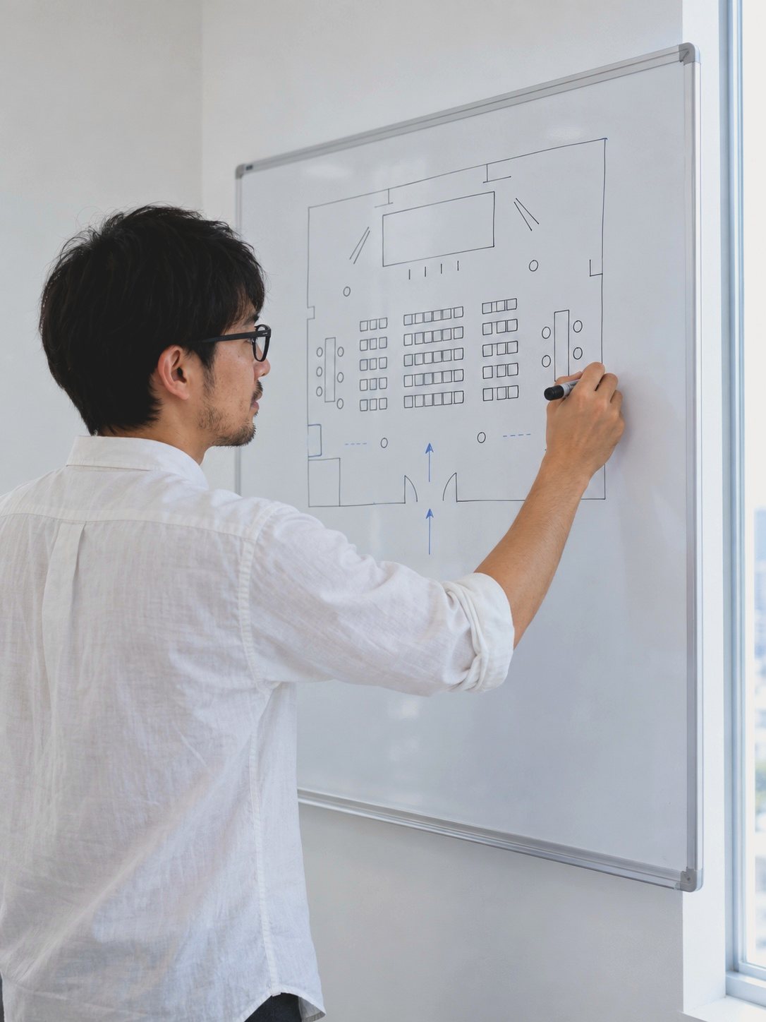 ホワイトボードに会場の動線図（ステージ・客席・入口からの矢印）を描き込むプロデューサー