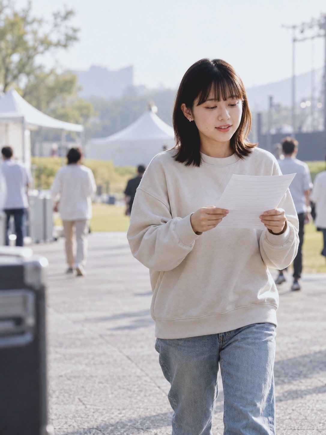 進行表を見ながら会場の通路を歩く制作進行