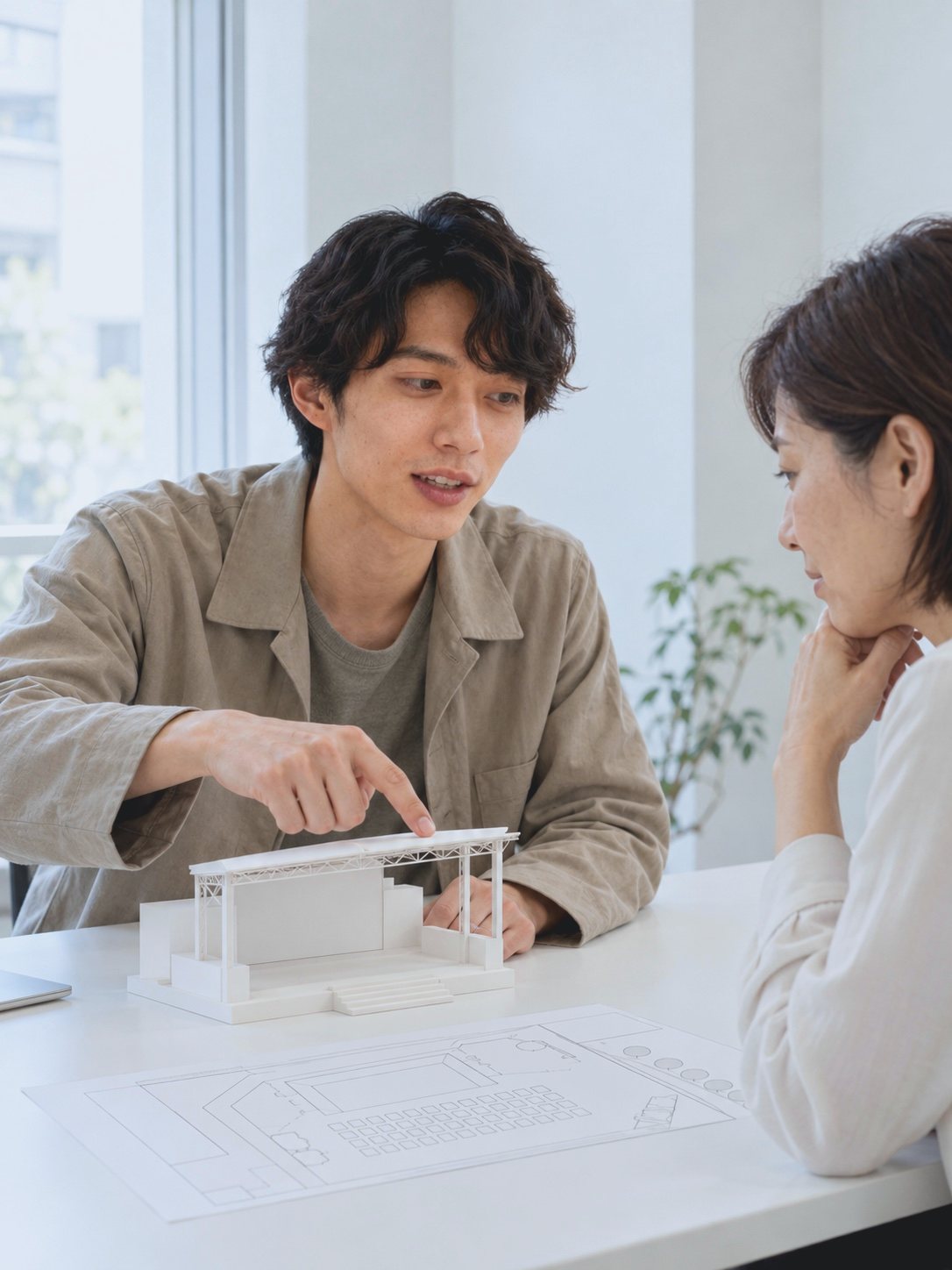 ステージの模型と会場の図面を指さしながら、お客さまに話す営業