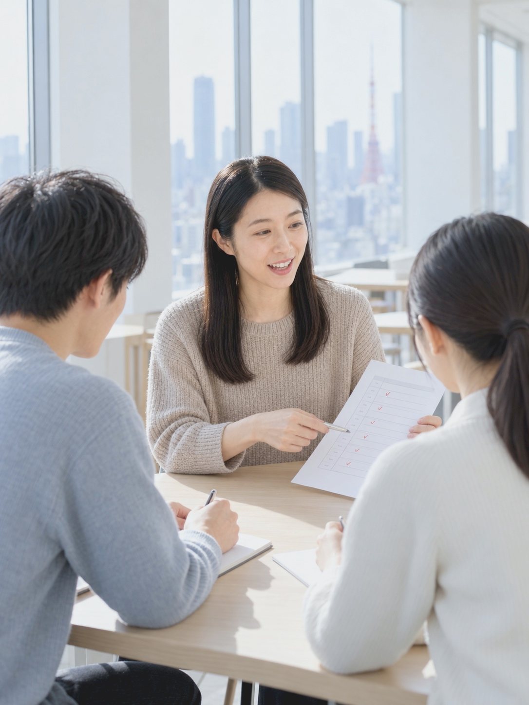 新人研修の進行表を見せながら、新人2人に入社後の予定を話す人事