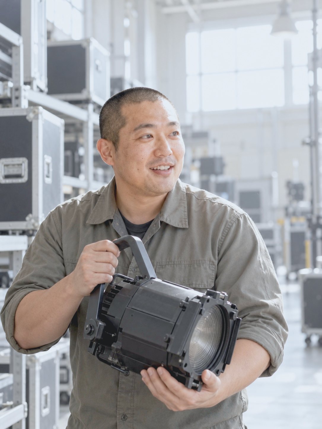機材センターの棚の前で、灯体を点検する D.O