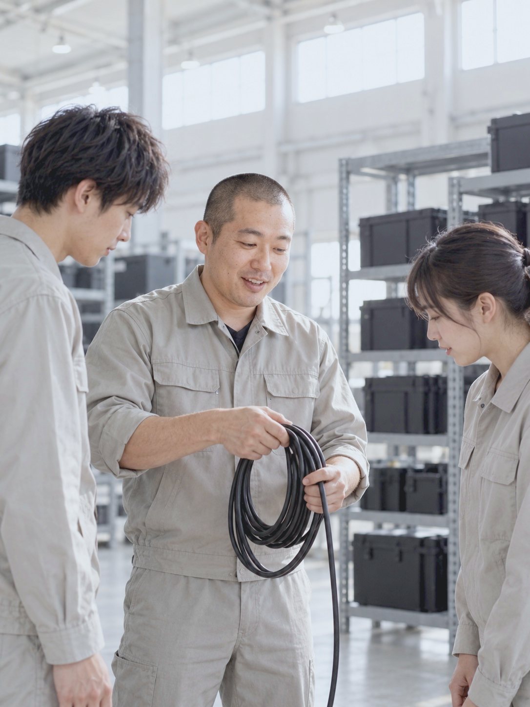 機材講習で、新人にケーブルの巻き方を教える D.O