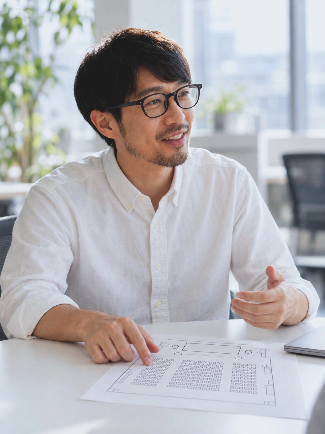 会場の図面に付せんを貼りながら打ち合わせる K.T