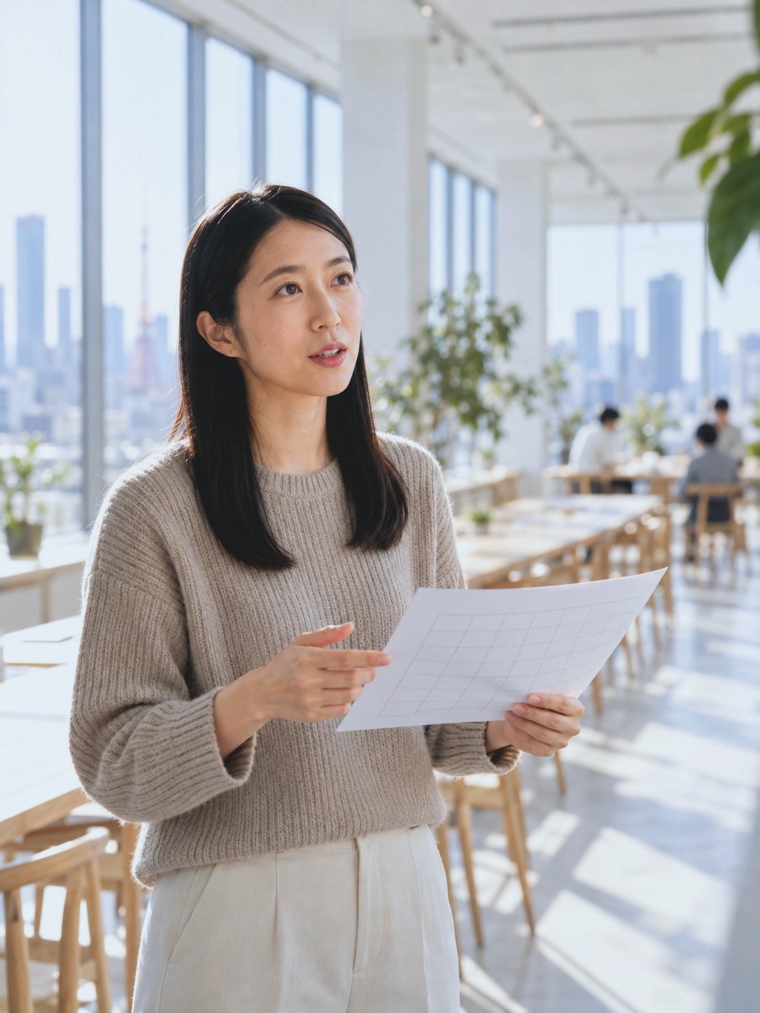 事務所の窓際で、シフト表を見直す Y.I