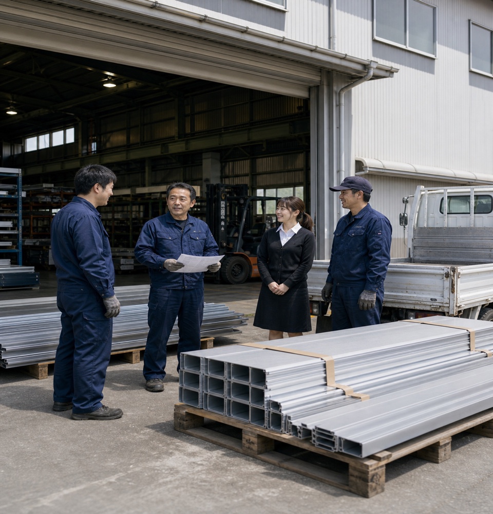 工場入口で出荷前の金属製品を確認するスタッフ