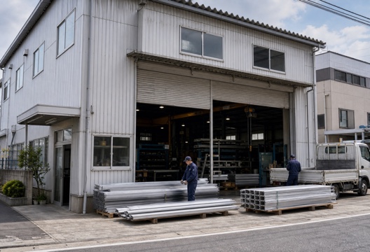 本社工場の外観と出荷前の金属製品