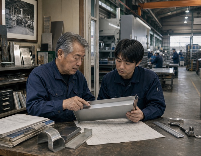 熟練作業員と若手作業員が金属部品を確認する様子