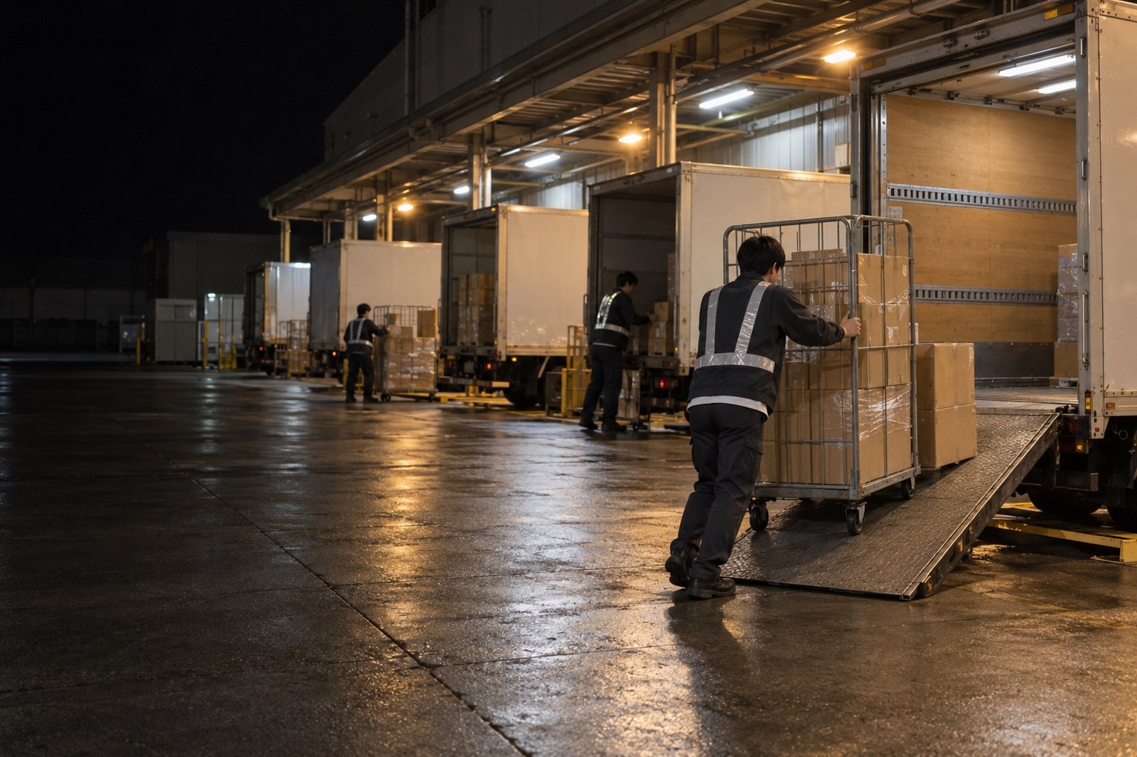 22:00、濡れた搬入ドックで、トラックの荷台へカゴ台車を押し込む岡野の後ろ姿