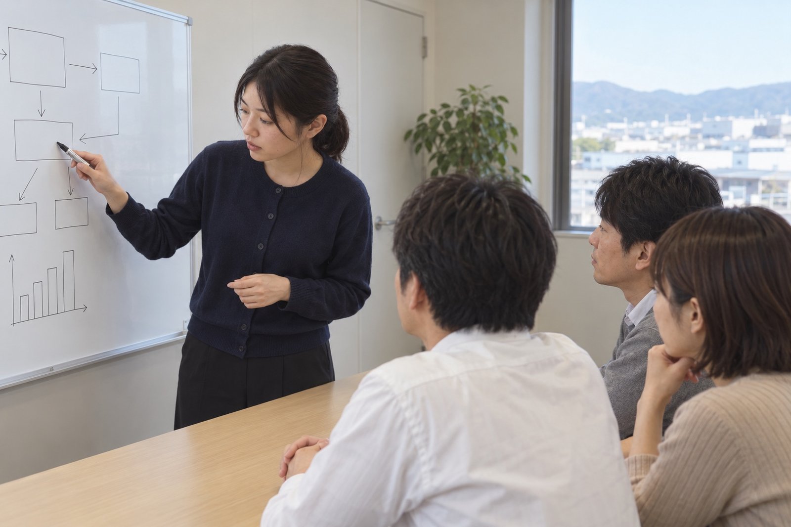会議室で改善案を話す企画の社員