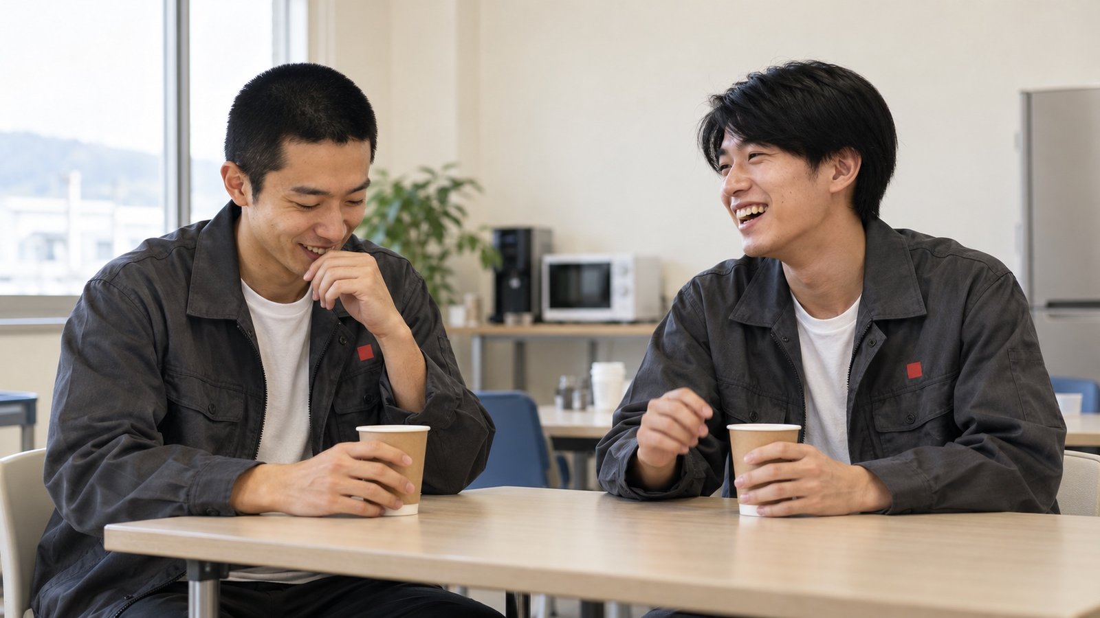 休憩スペースで話すセンター長と2年目の社員