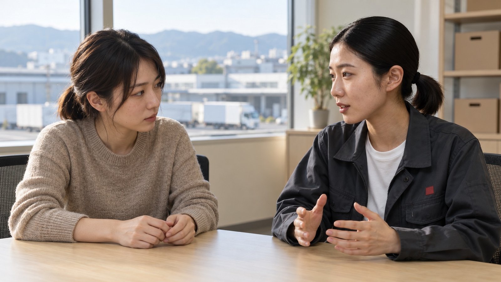 打ち合わせ席で話す運行管理と企画の社員