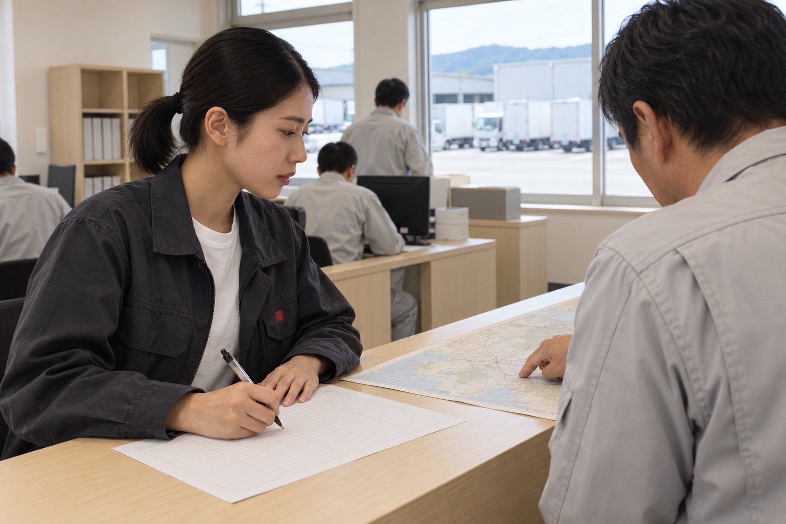 10:00、配車室のカウンター越しに、ドライバーの話を表に書き込む西村
